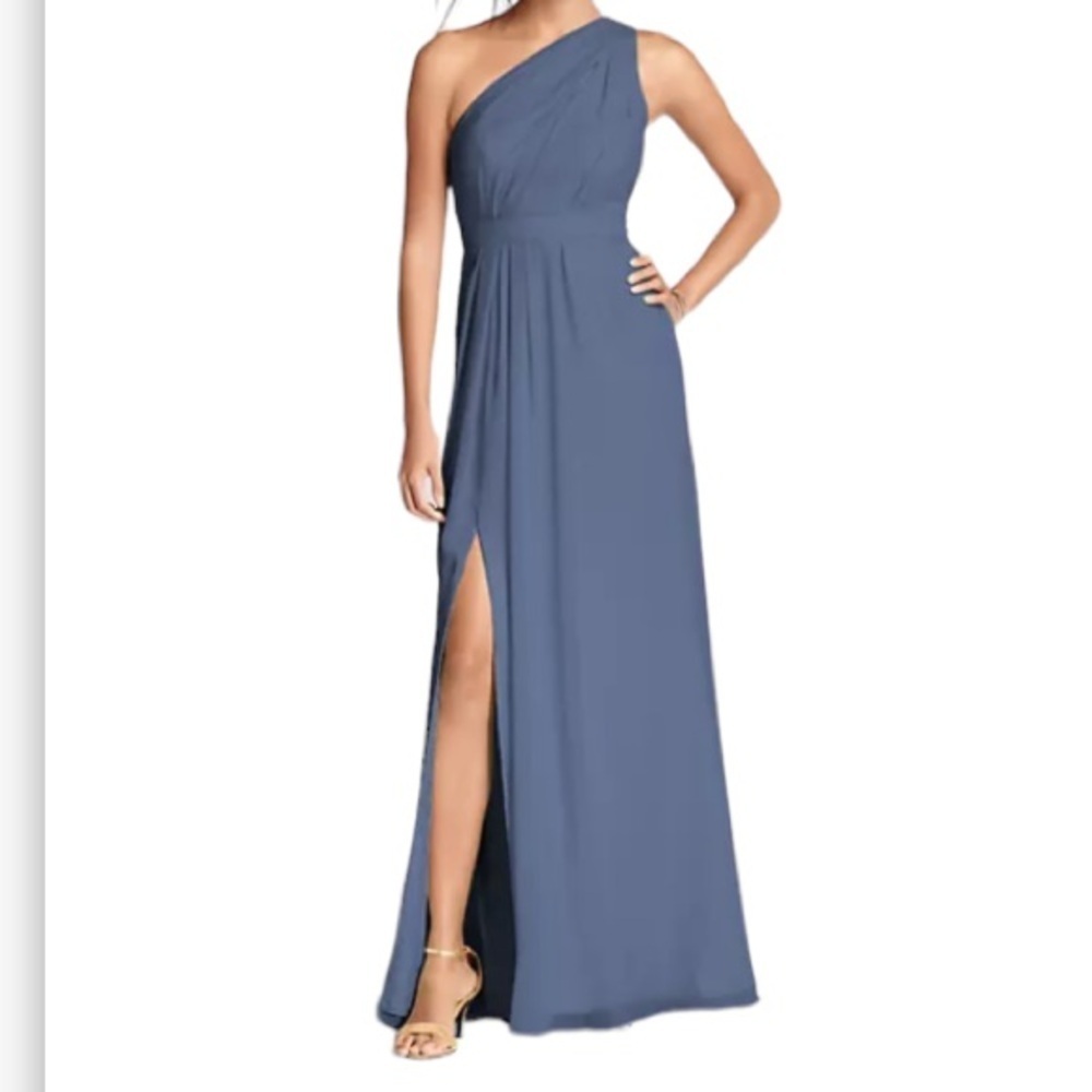 davids bridal long one-shoulder crinkle chiffon asymmetric dress steel blue 8